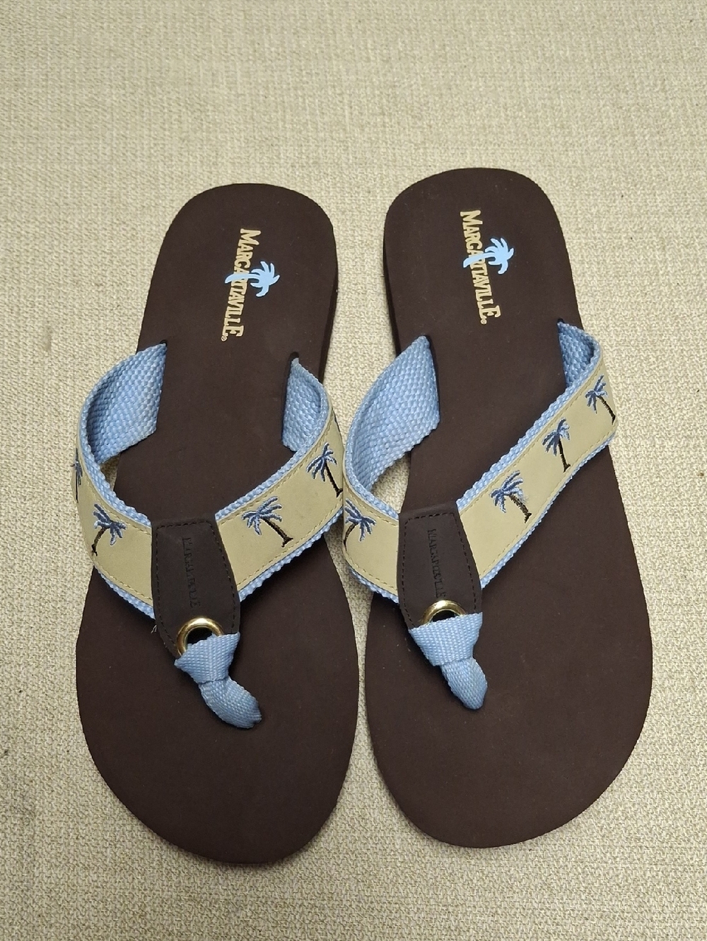 Margaritaville Palm Tree Flip Flops - Brown & Light Blue Womens Sz 10
